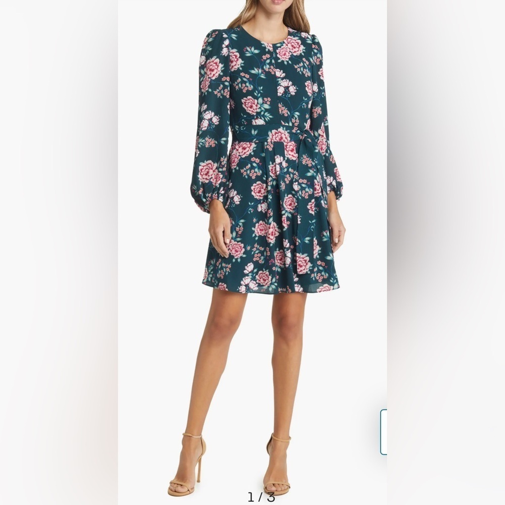 Eliza J Women’s Green and Pink Floral Long Sleeve Dress Tie Waist Size 6